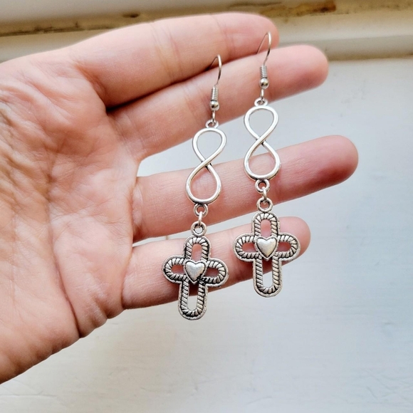 Pair of Silver Cross Infinity Drop Hook Earrings - Picture 6 of 8